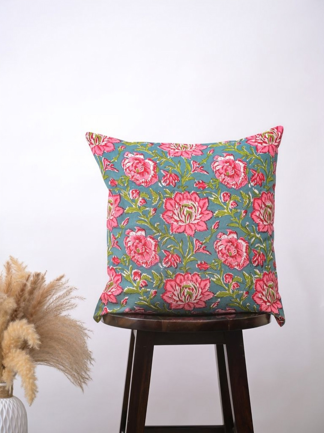 Block N Style Branwen Green & Red Floral Printed Cotton Square Cushion Cover