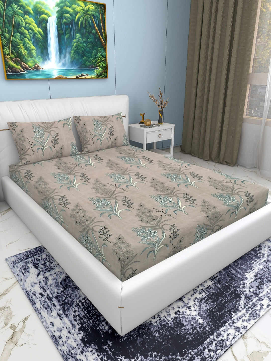 EXFAB Grey Floral Cotton 240 TC Fitted King Fine Bedsheet with 2 Pillow Covers-90 x 105 inches