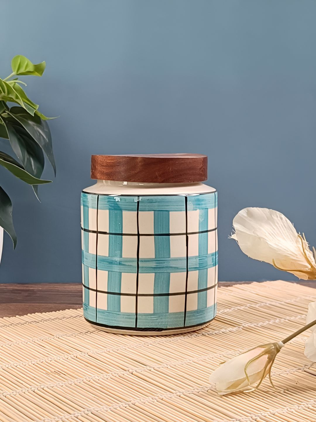 Myntra Elegant Homes White Checkered Ceramic Dishwasher Safe Flip Top Jar-700ml