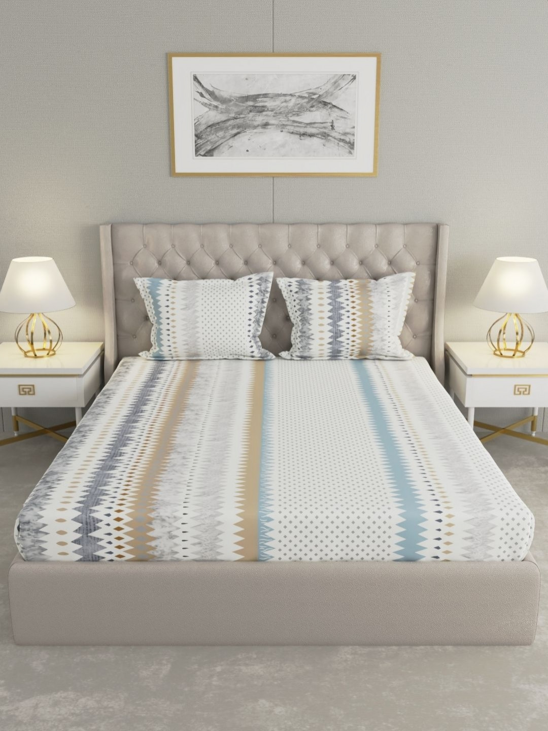 Raymond Home Hazel Off White Geometric Microfiber Queen Bedsheet with 2 Pillow Covers-98 x 89 inches