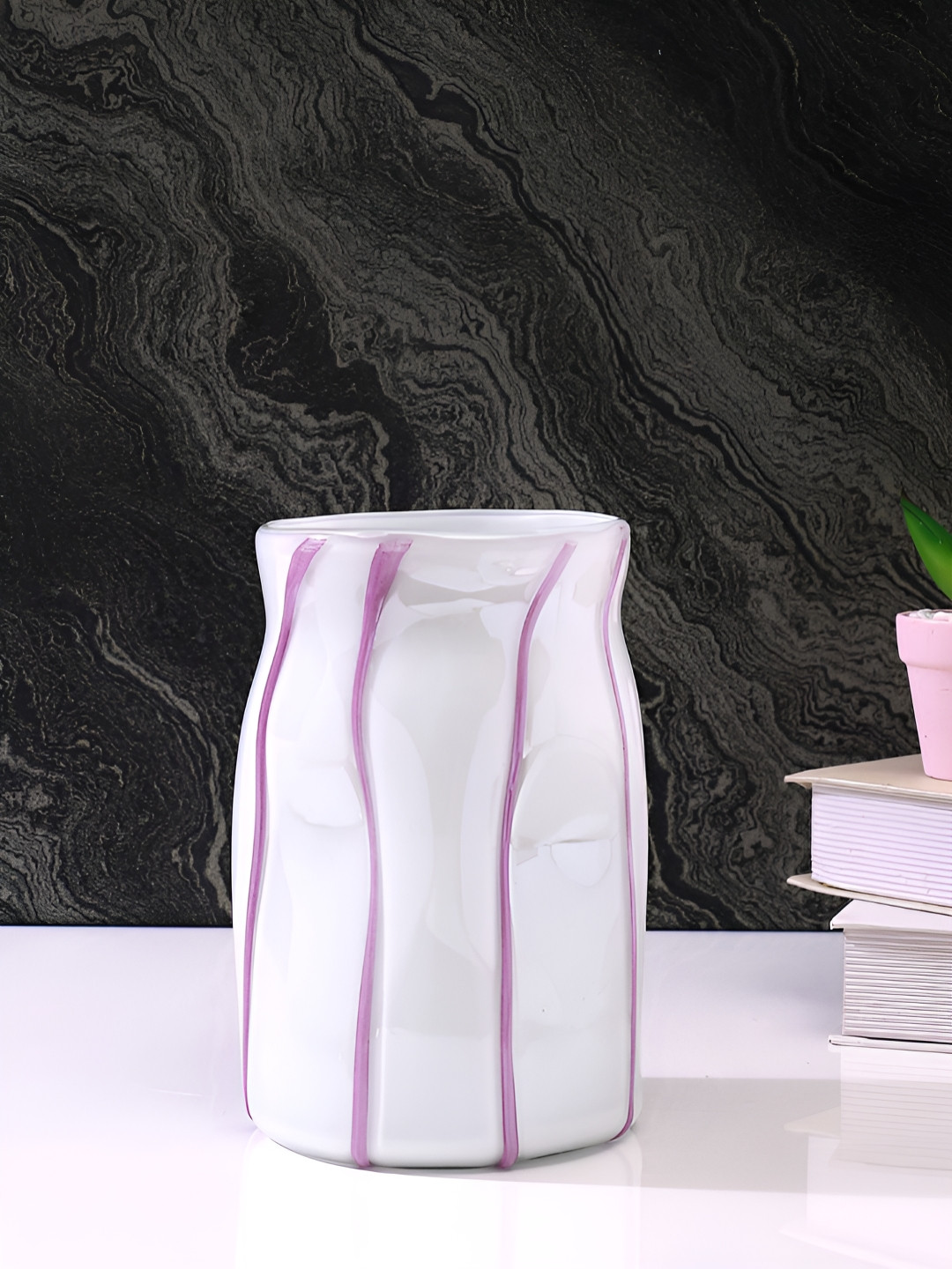 TAYHAA White & Purple Striped Glass Flower Vase