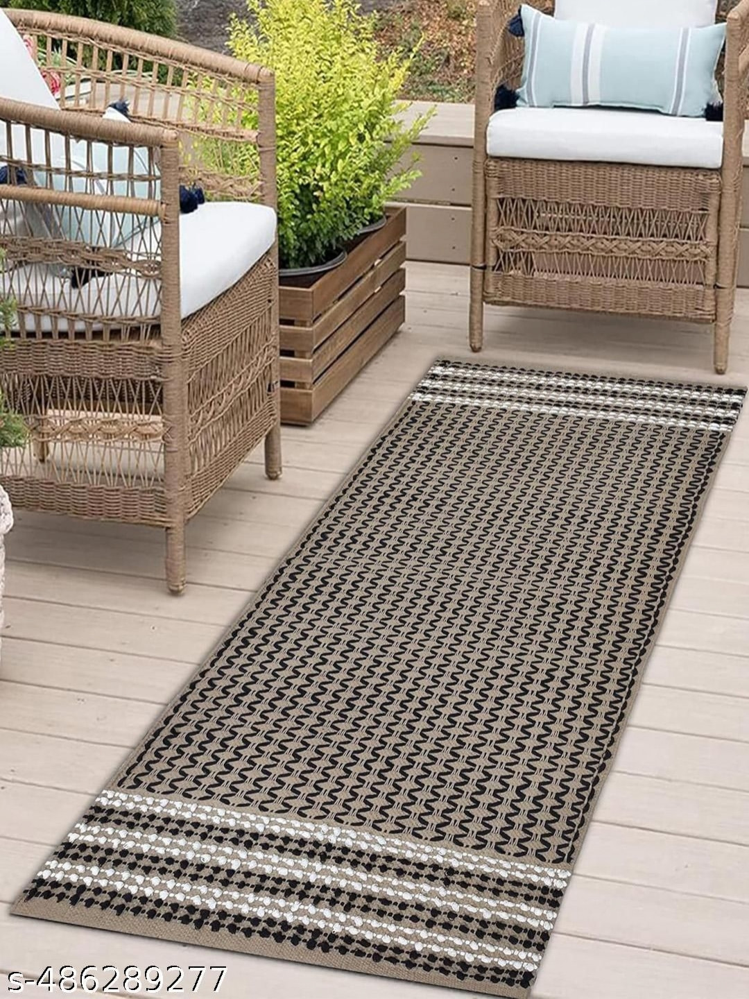 ANA Beige & Black Geometric Embroidery Non-Slip Cotton Floor Runners