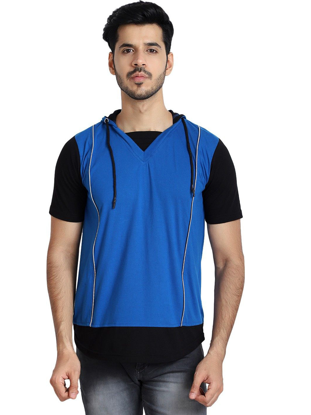 Black Collection Men Colourblocked Hooded Cotton Slim Fit T-shirt