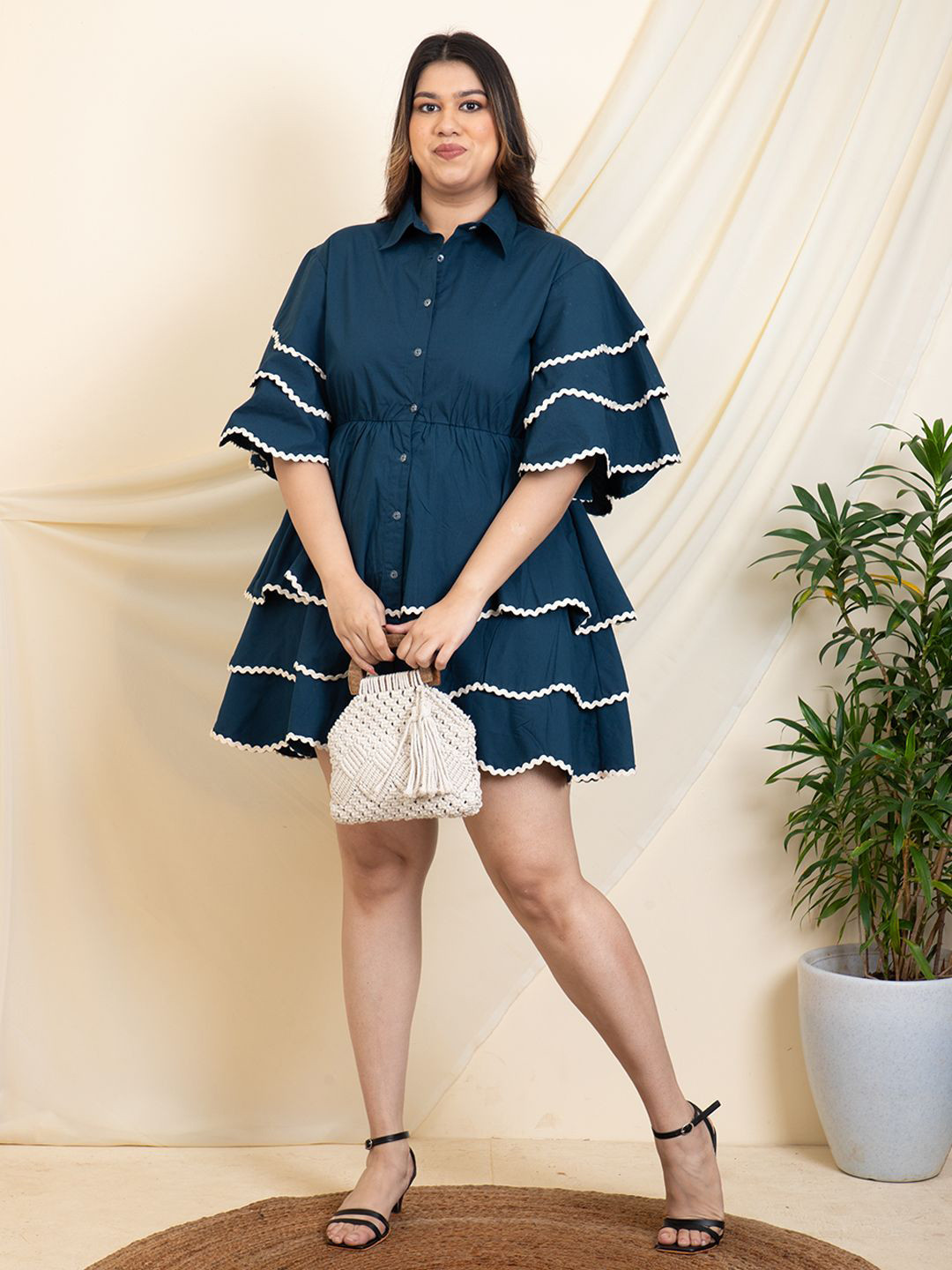 DEEBACO Women Flutter Sleeve Shirt Collared Layered Fit & Flare Mini Dress