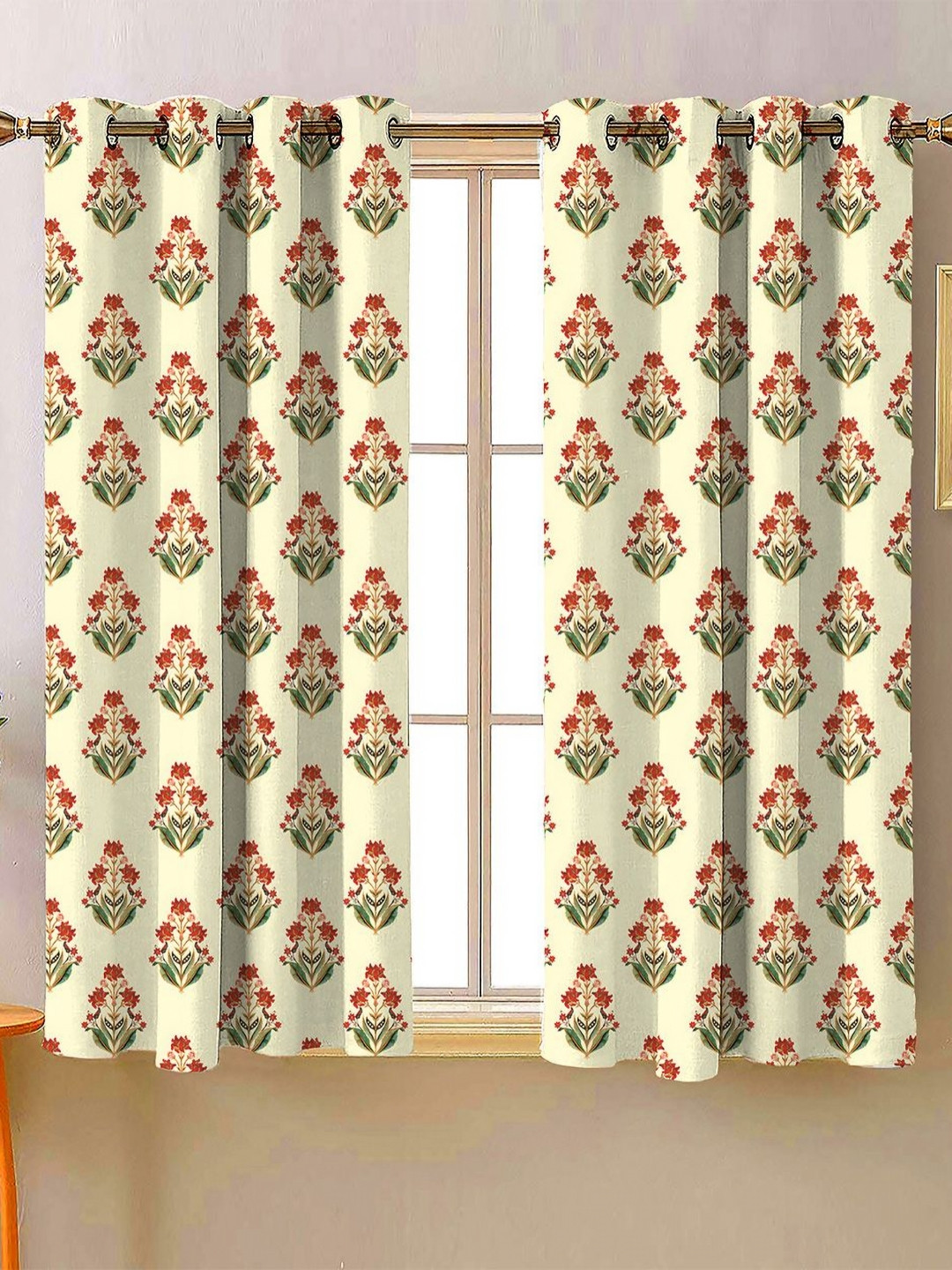Steve & Anderson Bharat Motifs Rust & Red 2 Pieces Floral Printed Window Curtains (5 Feet)