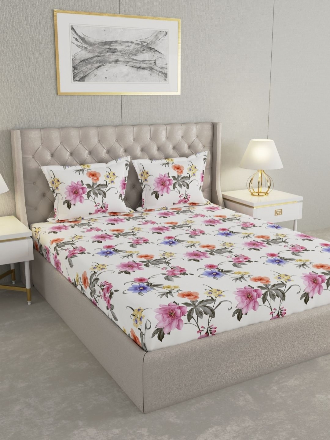 Raymond Home Hazel White Floral Microfiber Queen Fine Bedsheet with 2 Pillow Covers-98 x 89 inches