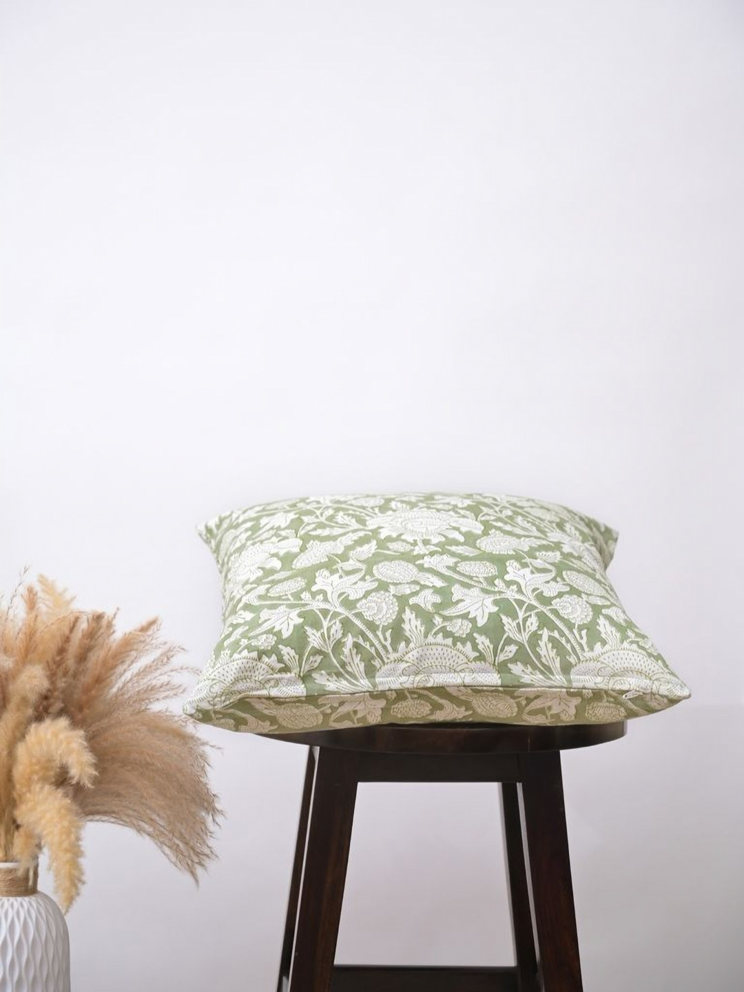 Block N Style Triton Green & White Floral Printed Square Cotton Cushion Covers