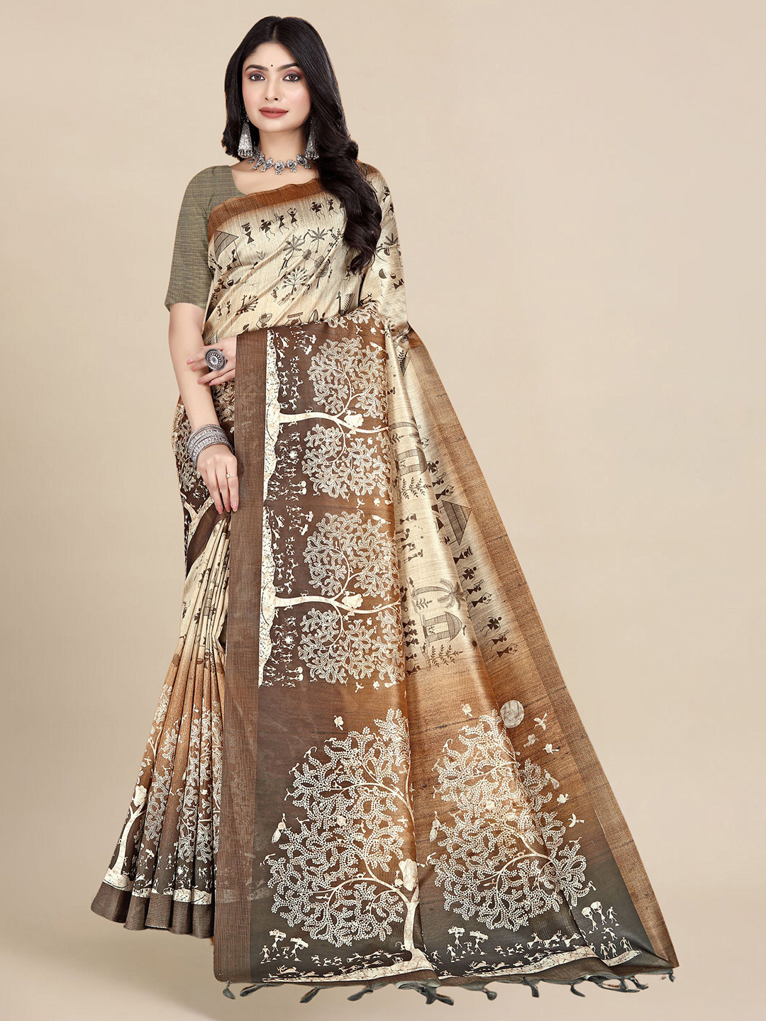 WEAREZEE Warli Printed Tussar Saree