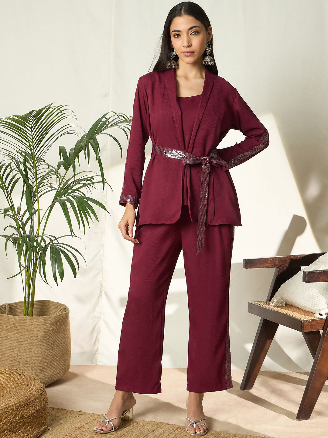BANDIA Embelllished Shoulder Straps Top & Trousers With Shrug & Belt Co-Ords