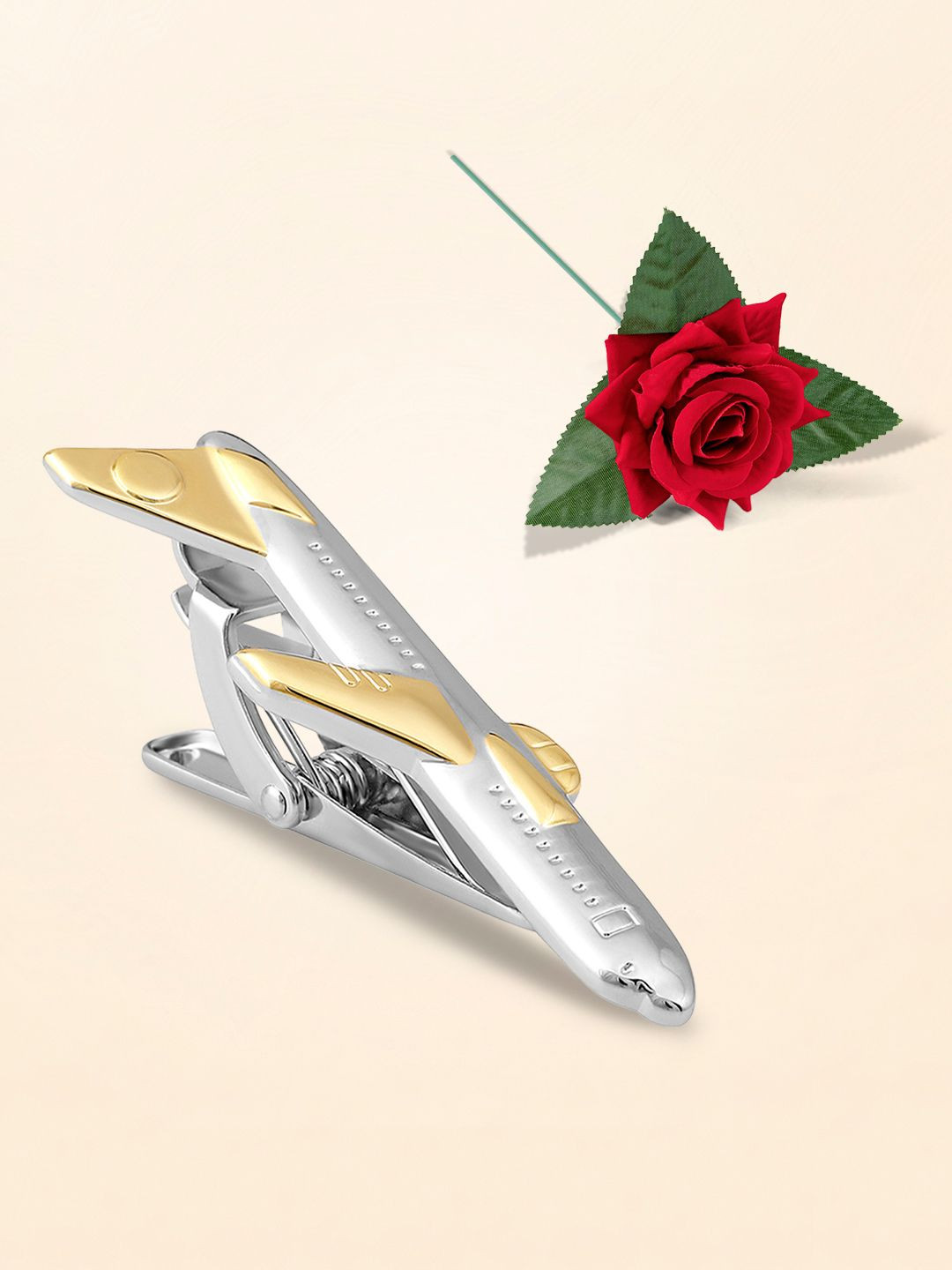 Peora Men Silver-Plated & Gold-Plated Airplane Shape Minimal Tie Pin with Red Rose