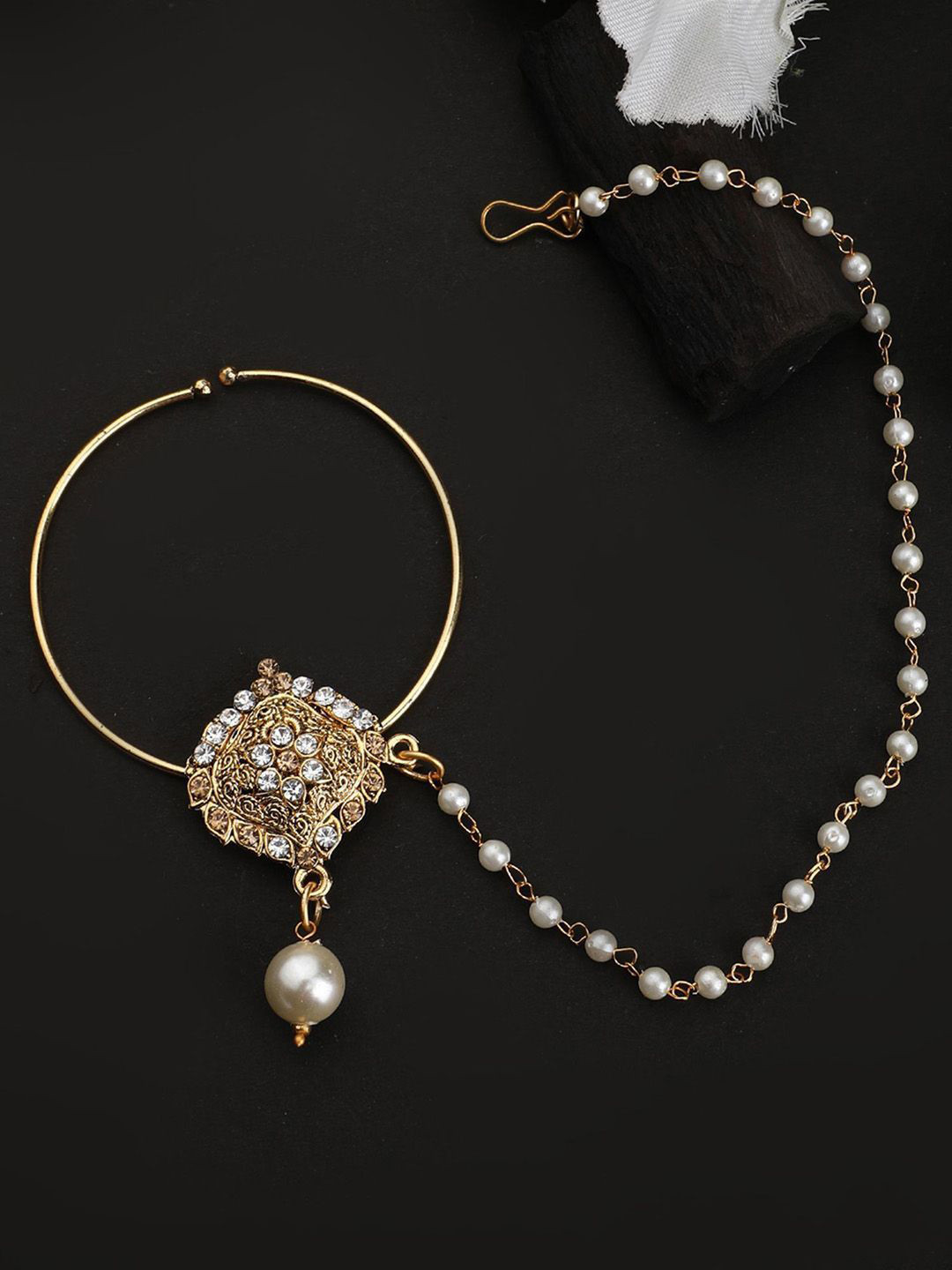 Anouk Gold Plated Artificial Stones Studded and Beaded Ring With Chain Nosepin