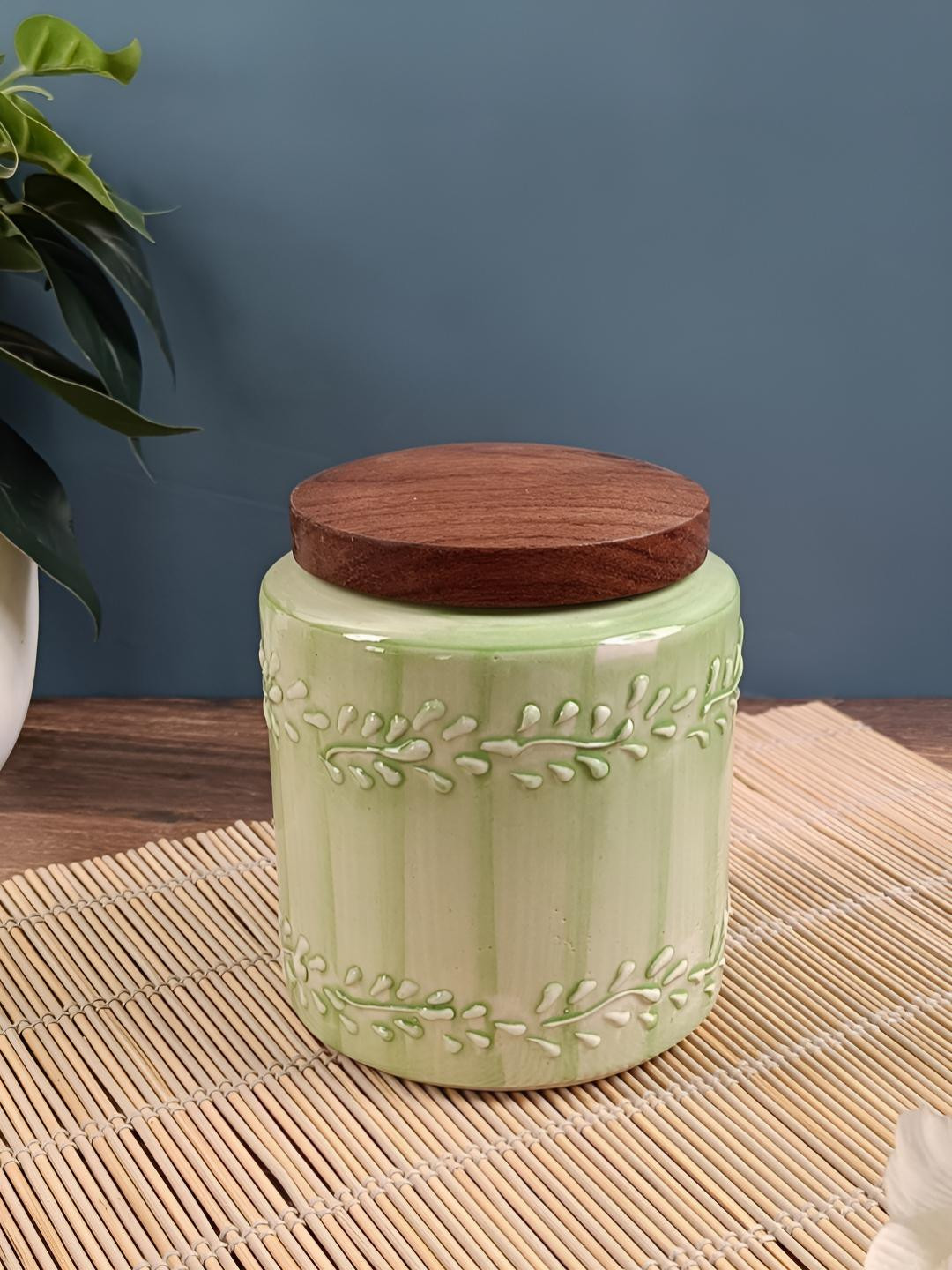 Myntra Elegant Homes Green Leaf Ceramic Air Tight Clip-On Canister-700ml