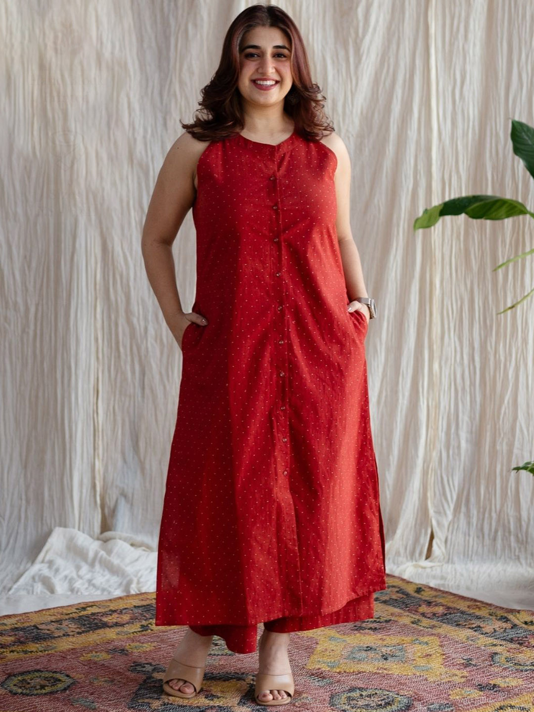 THE INDIAN ETHNIC CO Red Straight Ajrakh Cotton Kurta