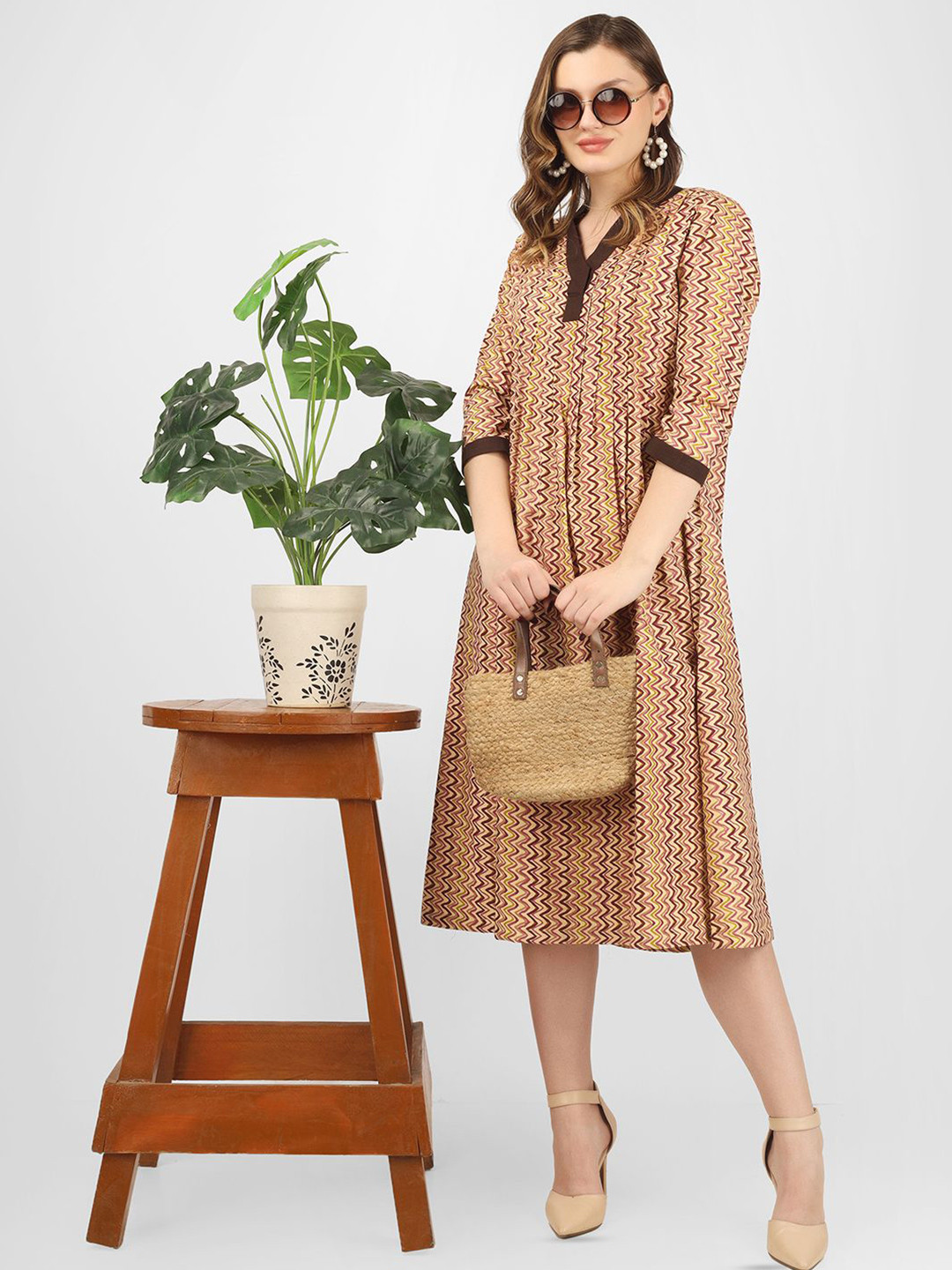 UNLOKALE Women Theresa Chevron Printed Cotton Mandarin Collar A-Line Midi Dress