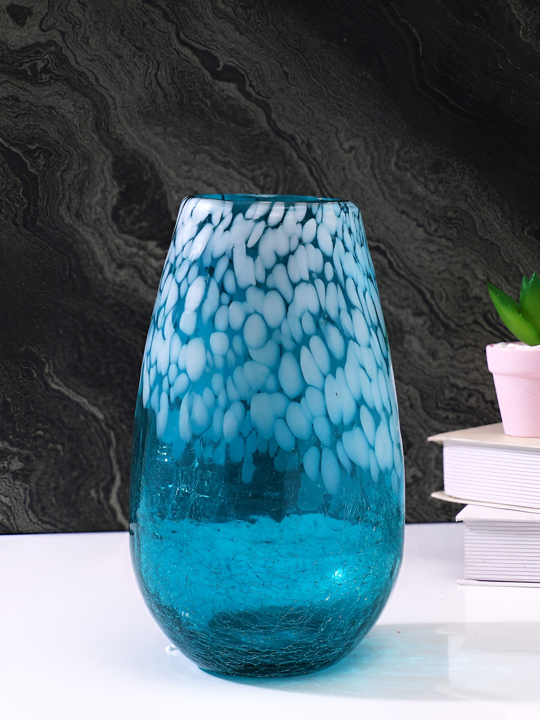 TAYHAA Turquoise Blue & White Speckled Glass Flower Vase