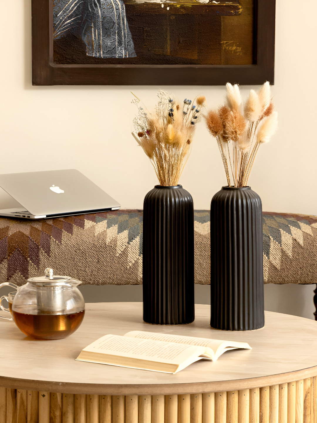 Claymistry Black 2 Pieces Fluted Ceramic Flower Vase