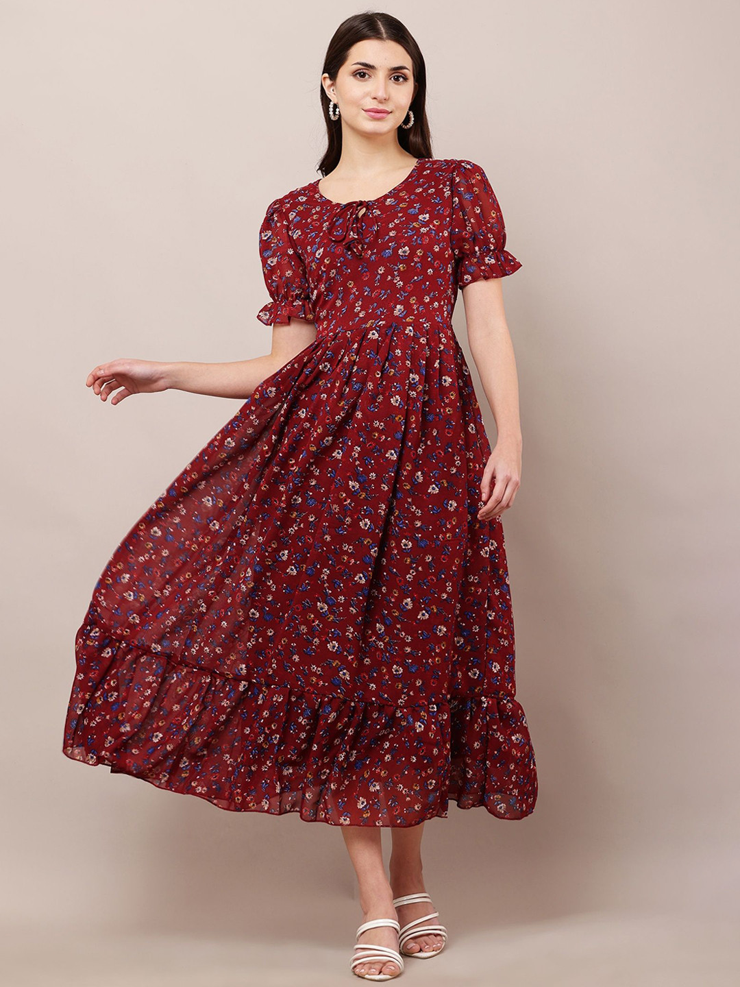 Bright Nex Women Floral Printed Georgette Puff Sleeve Fit & Flare Midi Dress