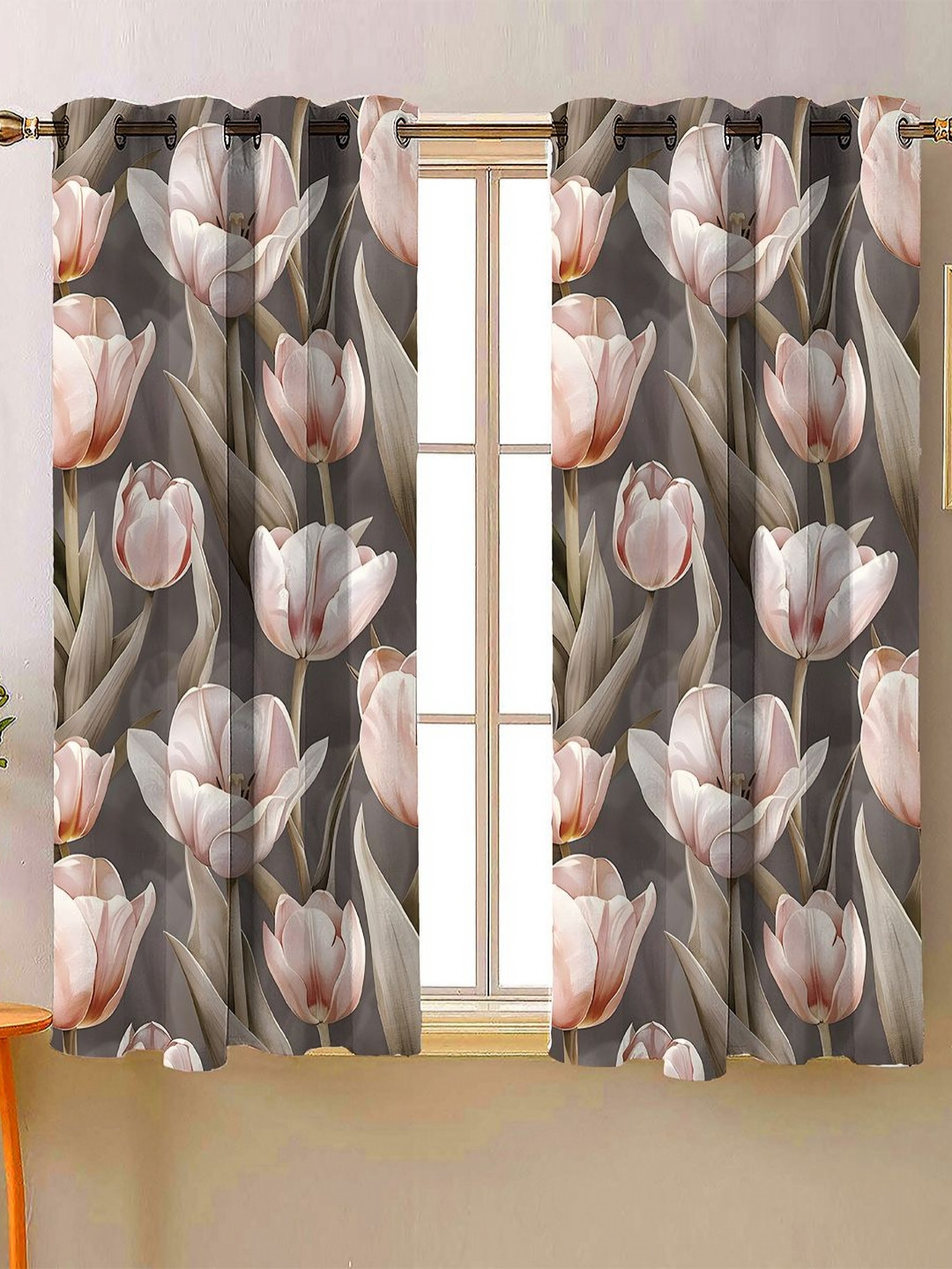 Steve & Anderson Bliss Peach & Grey 2 Pieces Floral Printed Window Curtain (5 Feet)