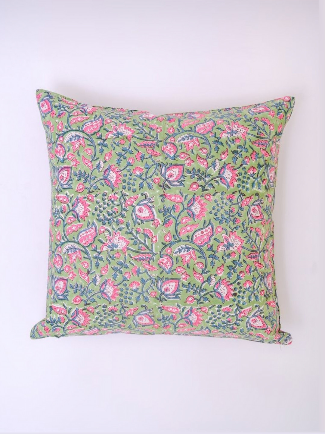 Block N Style Caishen Green & Pink Floral Printed Cotton Square Cushion Cover