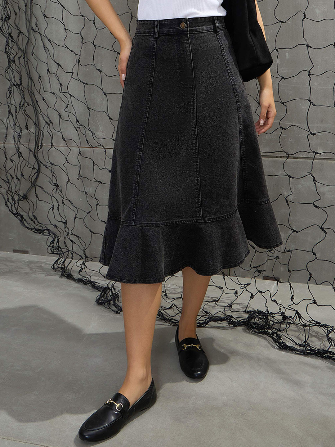 SASSAFRAS Solid Black Washed Denim Flared skirt