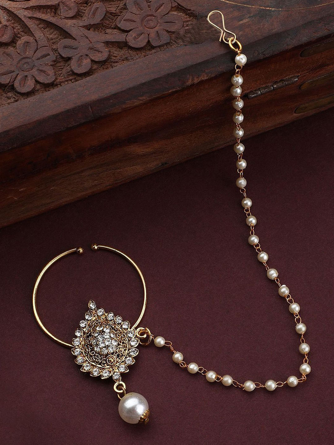 Anouk Gold Plated Artificial Stones Studded and Beaded Ring With Chain Nosepin