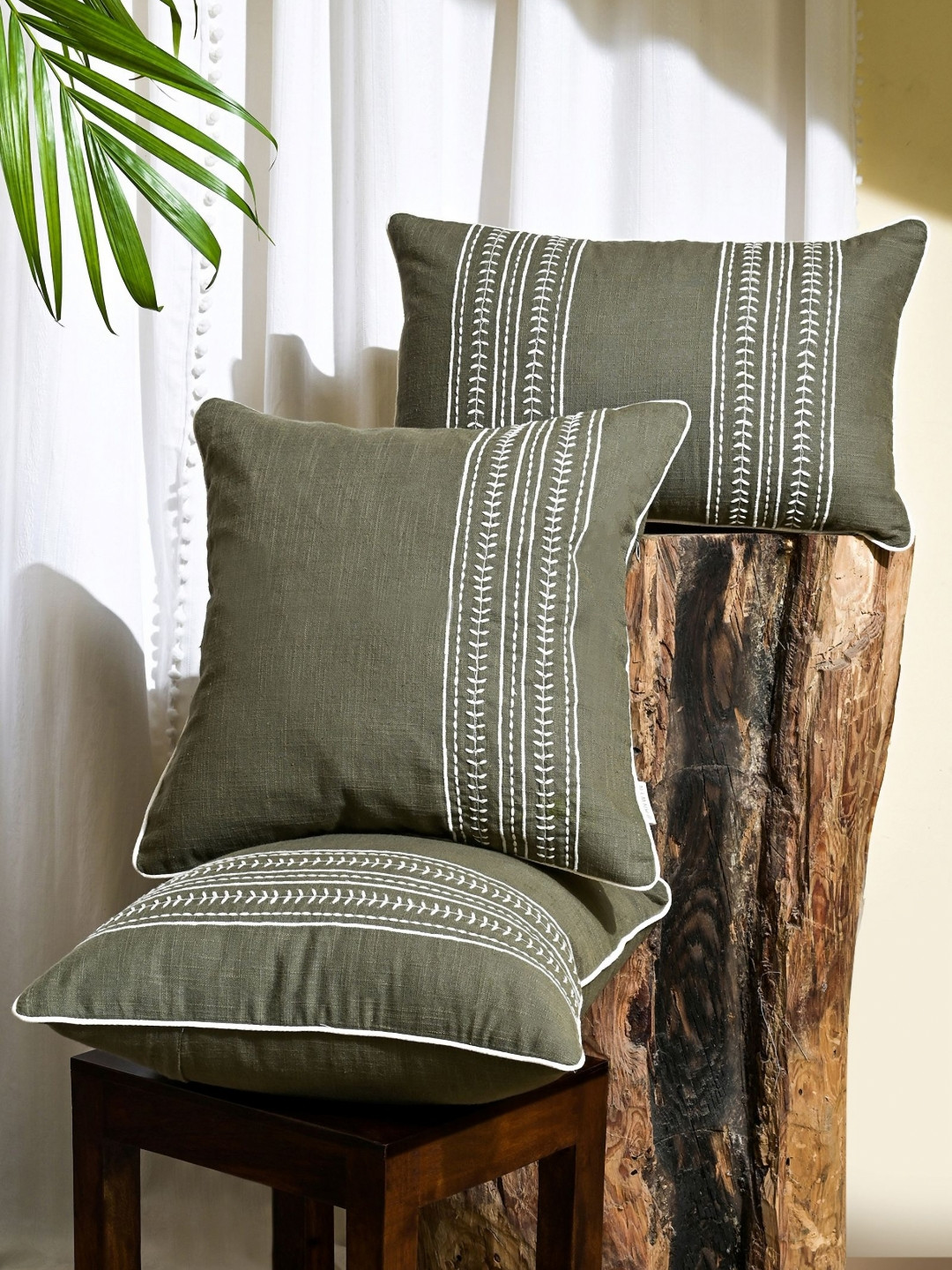 ANWYN Embroidery Green Cotton 3 Piece Embroidered Square Cushion Covers -18x18In