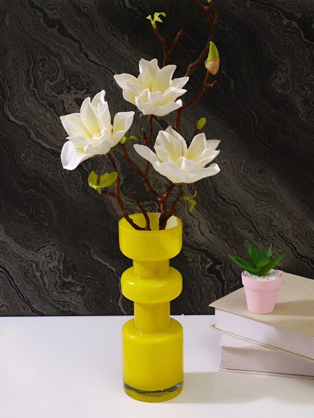 Myntra Elegant Homes Modern Yellow Textured Glass Flower Vase