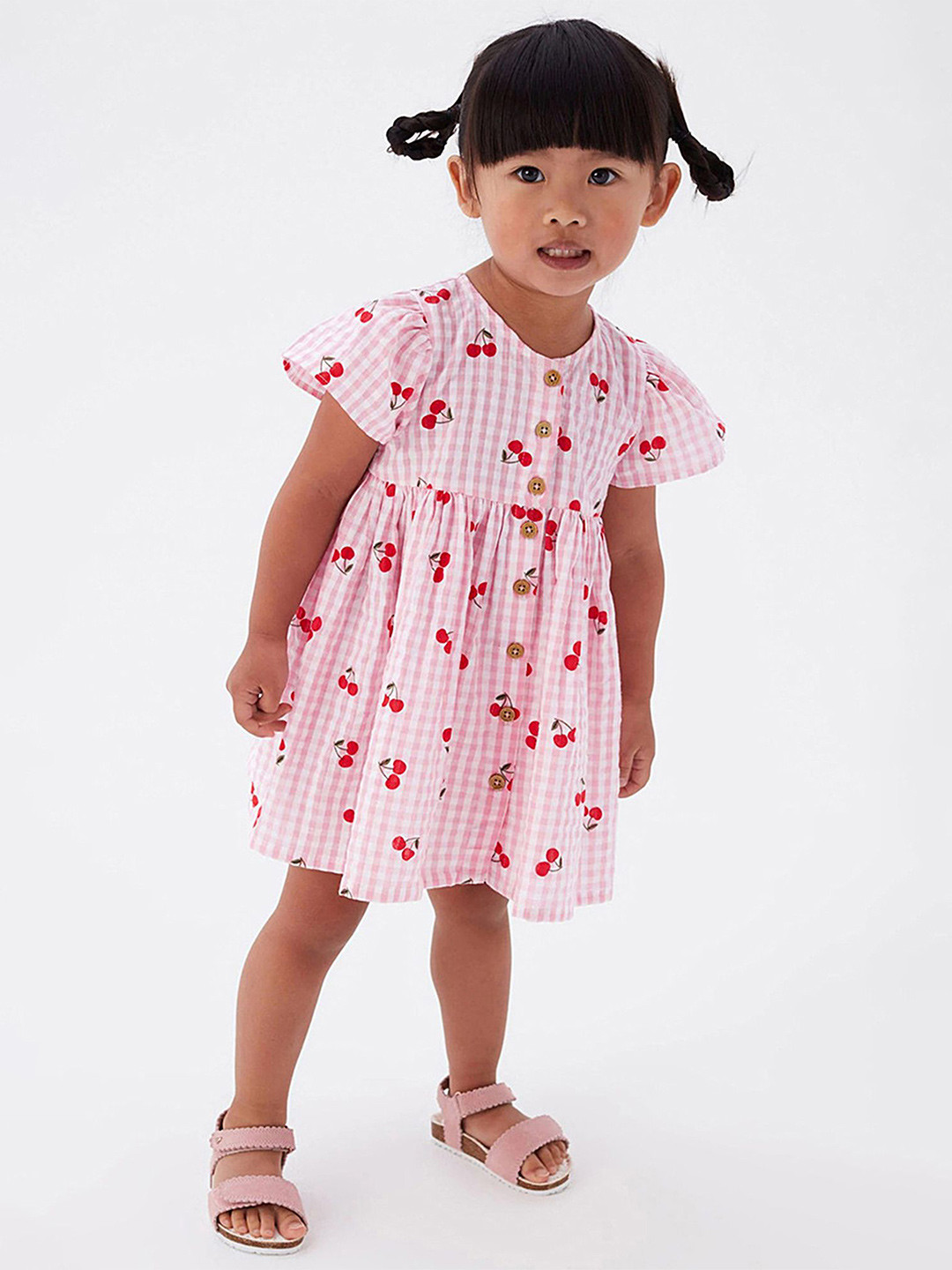 LULU & SKY GirlsChecked Cherry Printed Fit And Flared Dress