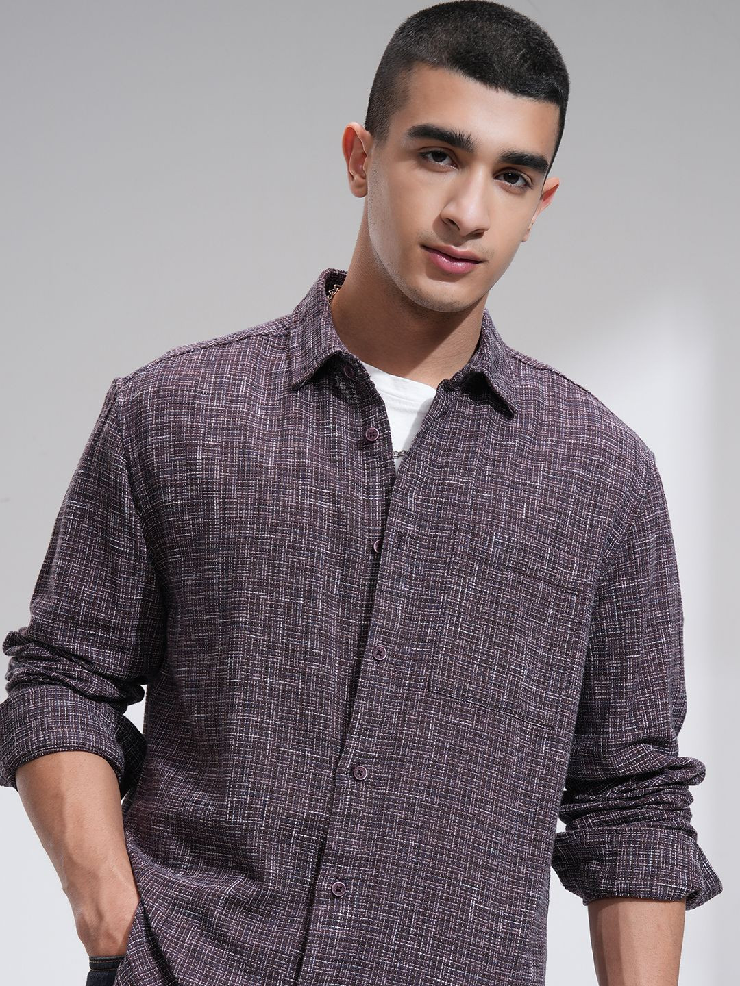 HIGHLANDER Men Dobby Textured Check Relaxed Regular Fit Shirt