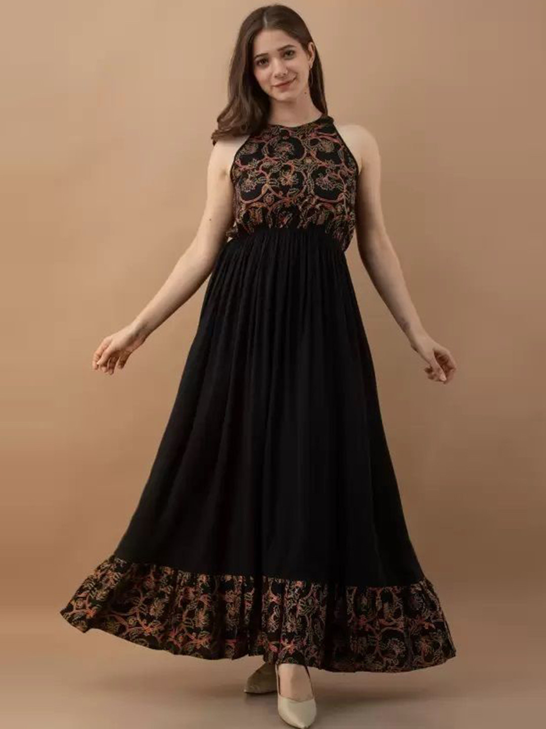 GLAMALUE Floral Print Halter Neck Crepe Formal Fit And Flare Maxi Dress