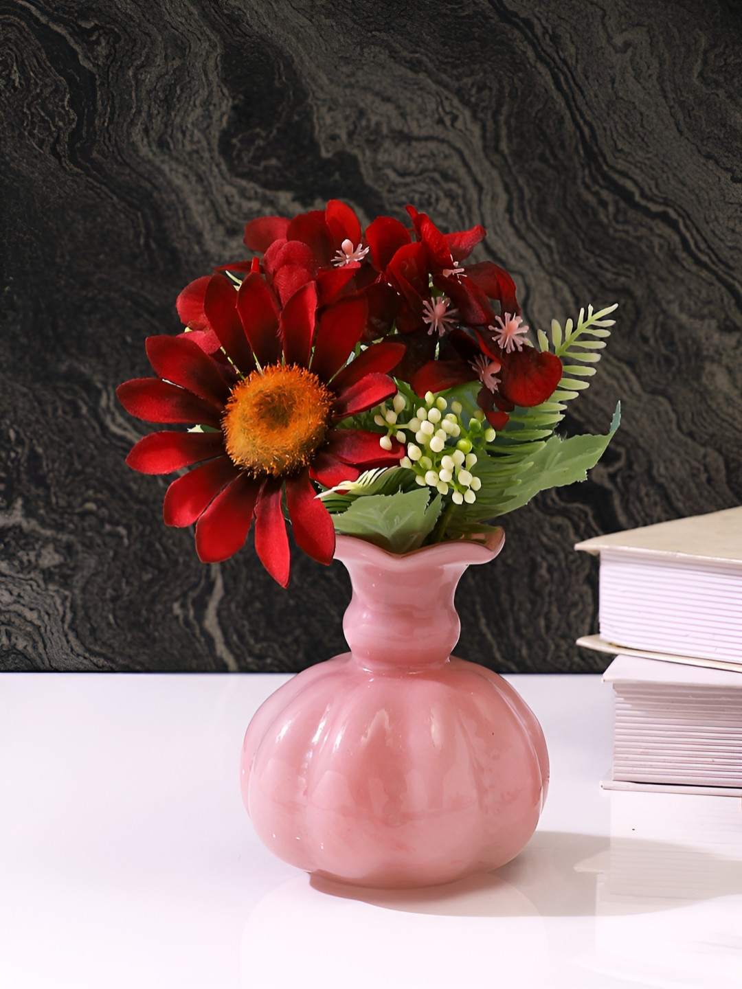 Myntra Elegant Homes Ruffled Peach Colored Textured Glass Flower Vase