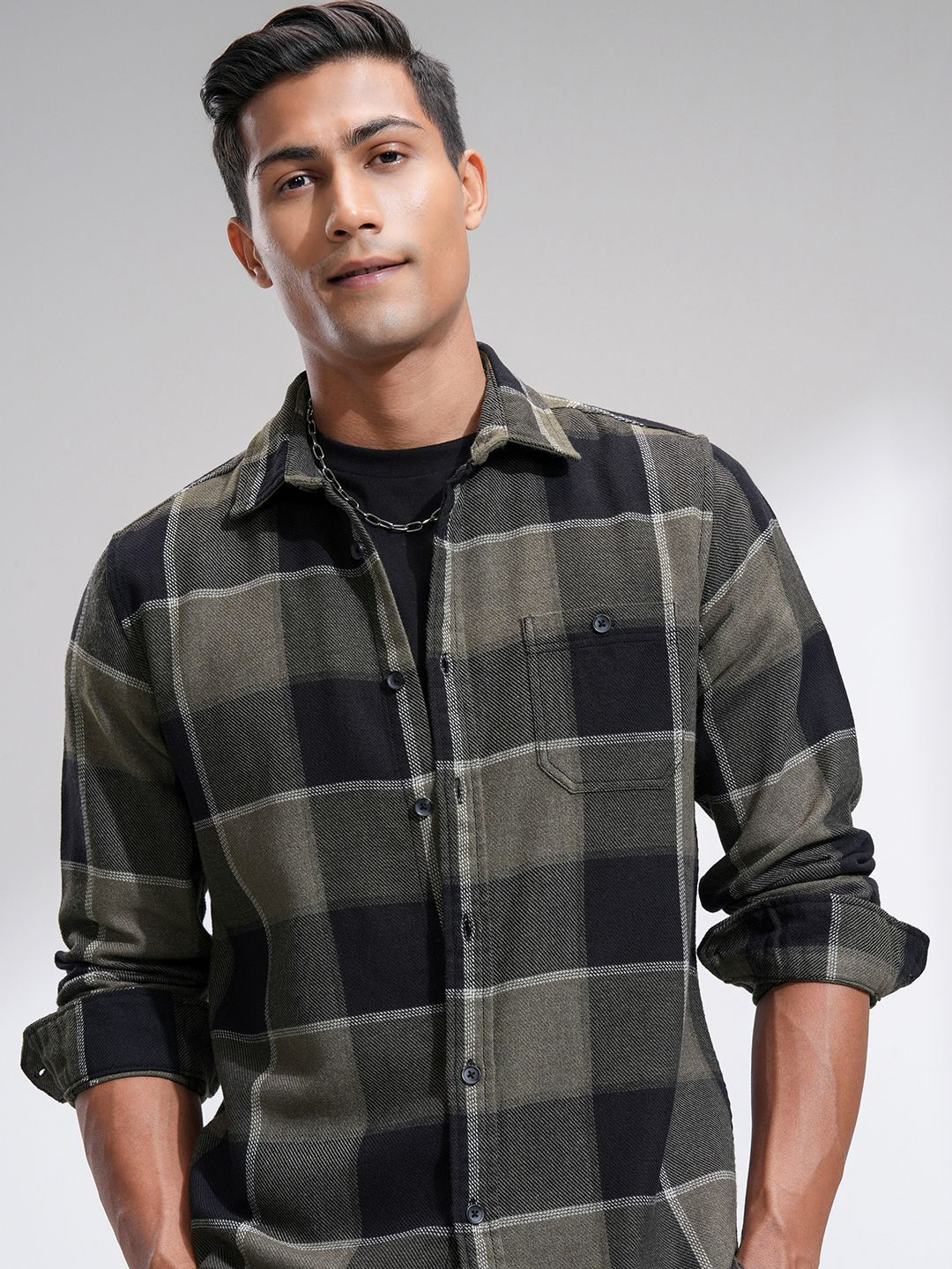 HIGHLANDER Men Gold Textured Flannel Casual Checked Shirt