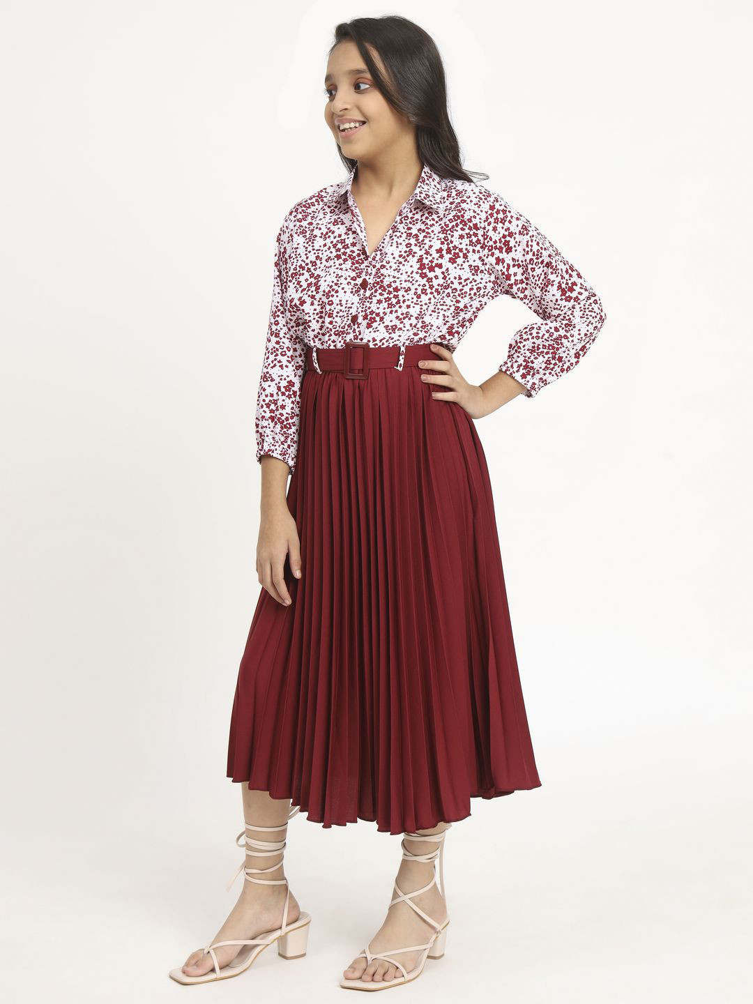 ZWERLON Girls Micro Printed Fit & Flare Accordion Pleated Midi Dress