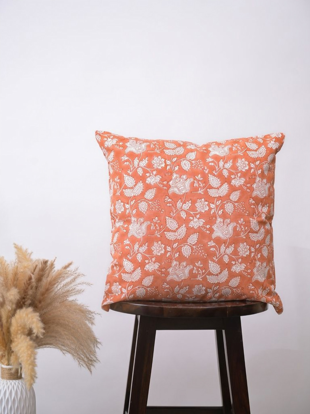 Block N Style Orange & White Floral Printed Cotton Square Cushion Covers