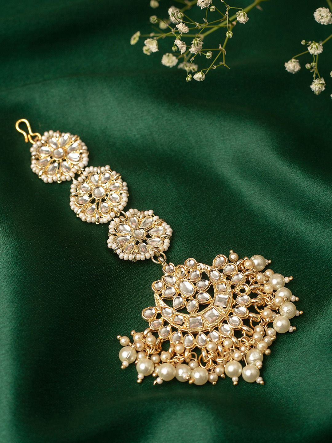 Aviksha Creations Gold-Plated Stainless Steel Stone Studded & Pearls Beaded Maang Tikka