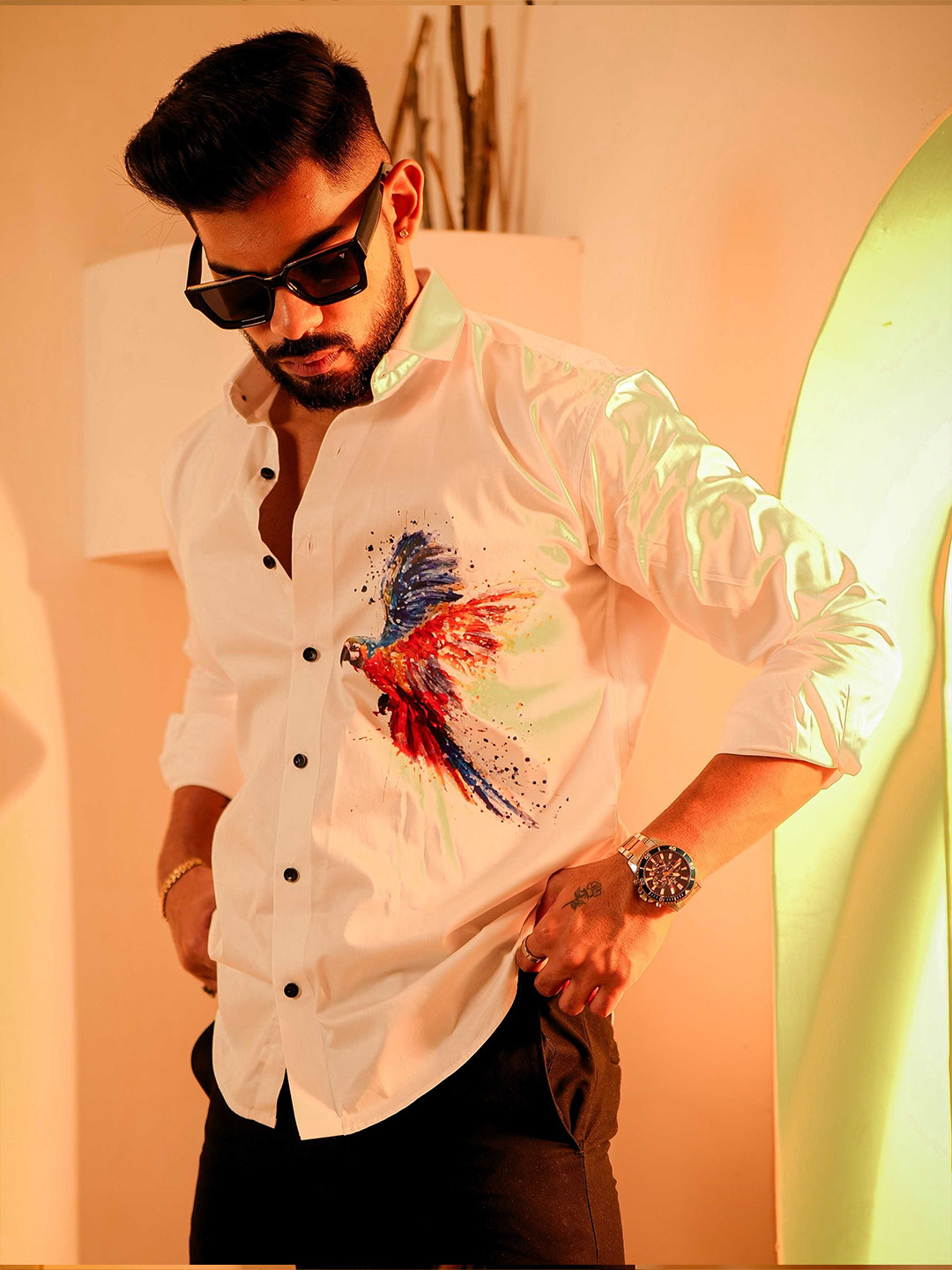 Foomer Men Standard Fit Spread Collar Graphic Bird Printed Satin Casual Shirt
