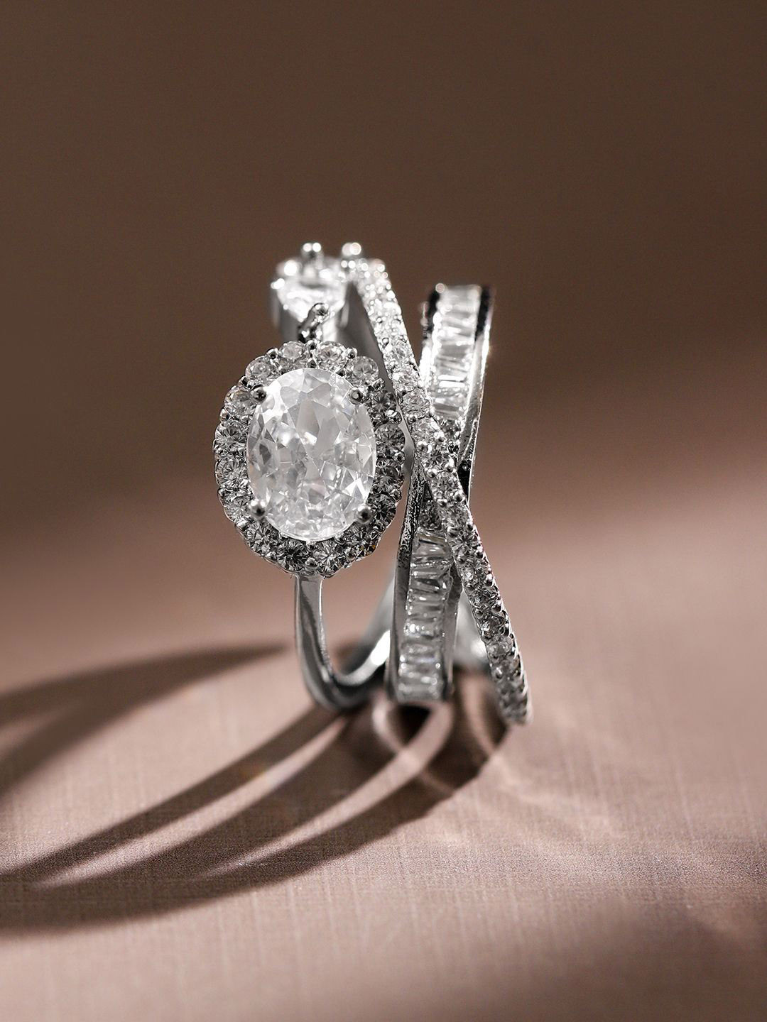 Rubans Rhodium Plated AD & Cubic Zirconia Oval Halo & Baguette Statement Adjustable Ring