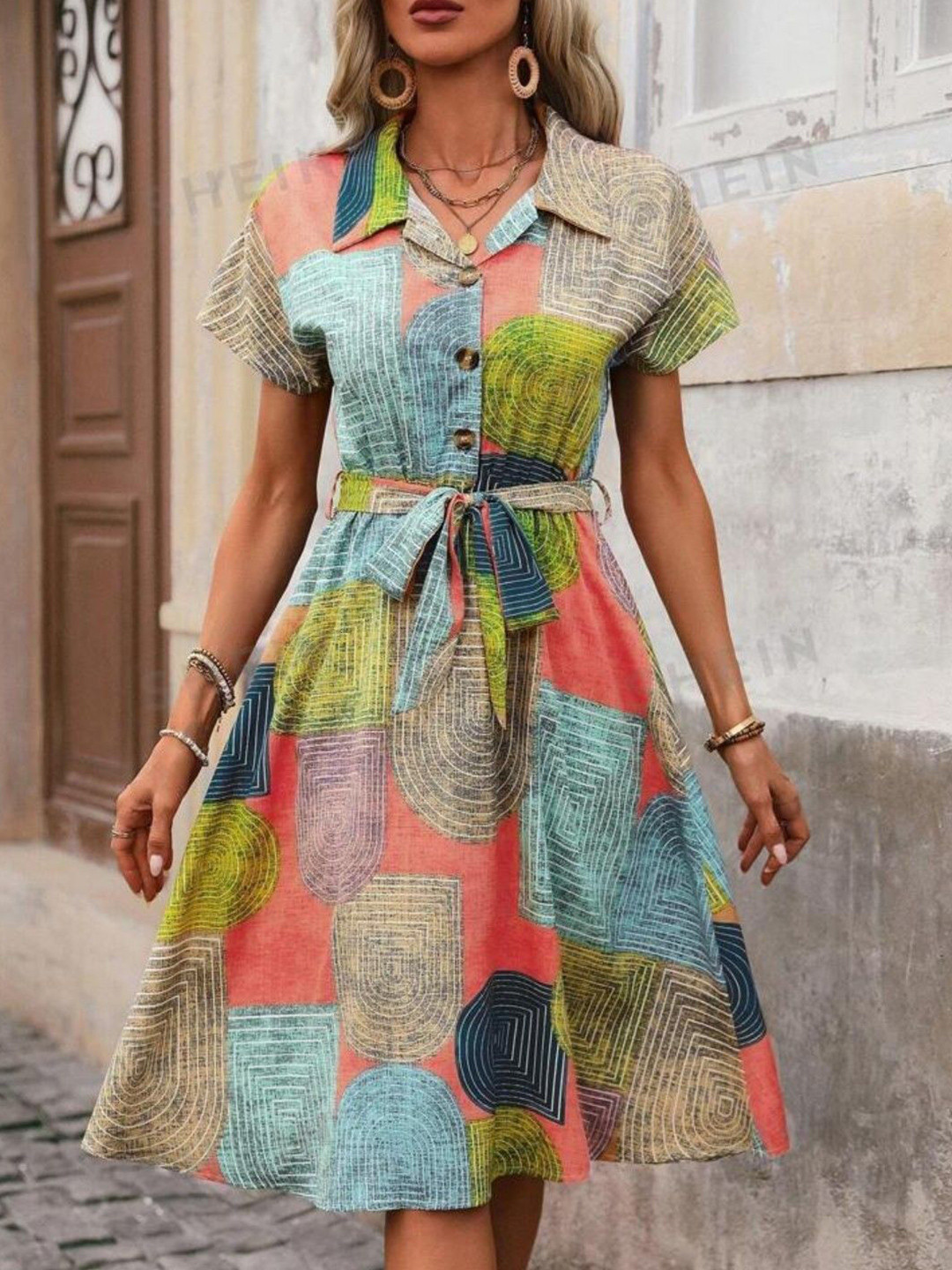 GUFRINA Print Lapel Collar Fit & Flare Midi Dress