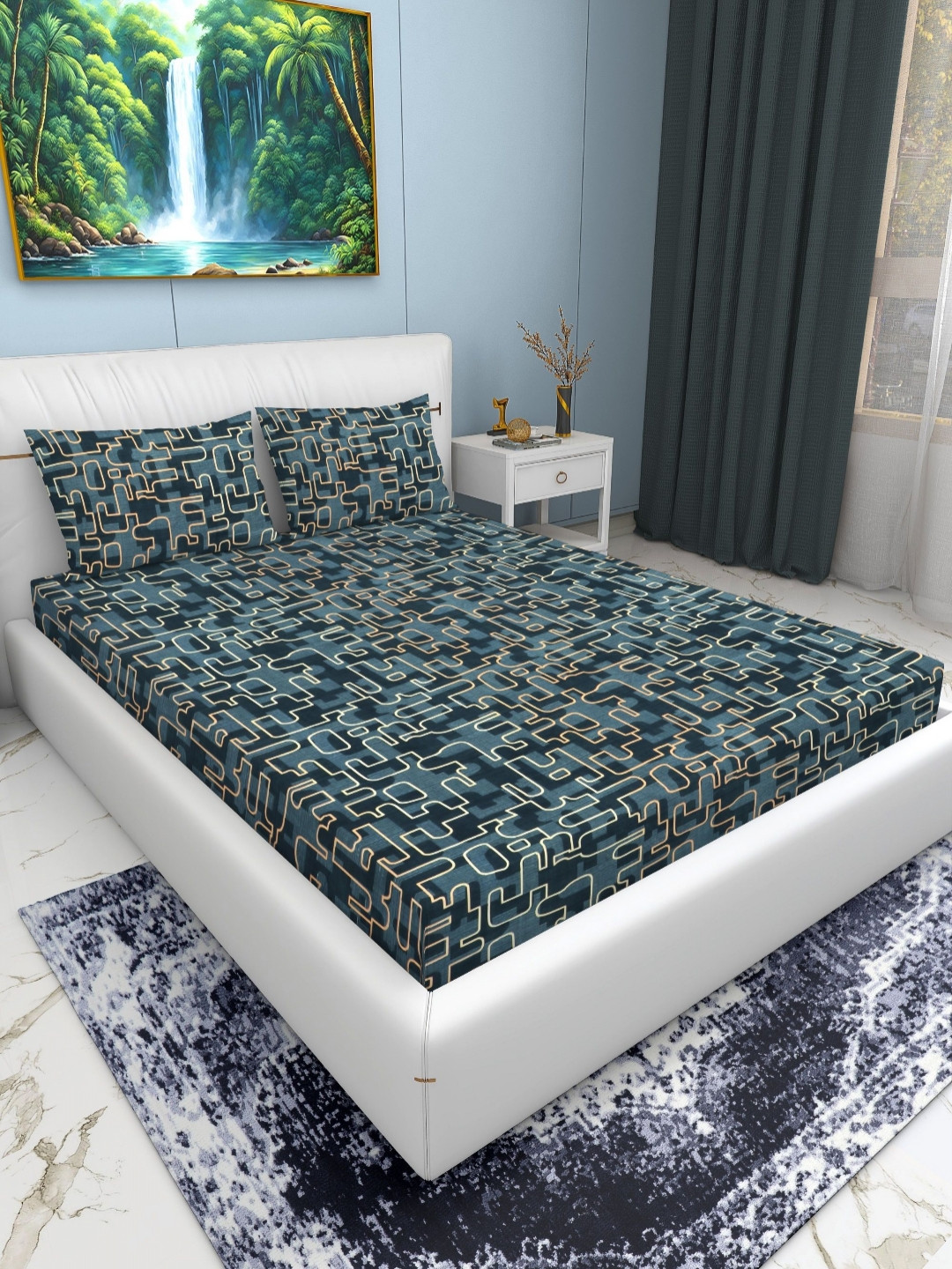 EXFAB Greenzigzag Green Abstract Cotton 240 TC Fitted King Fine Bedsheet with 2 Pillow Covers-215 x 230 cm