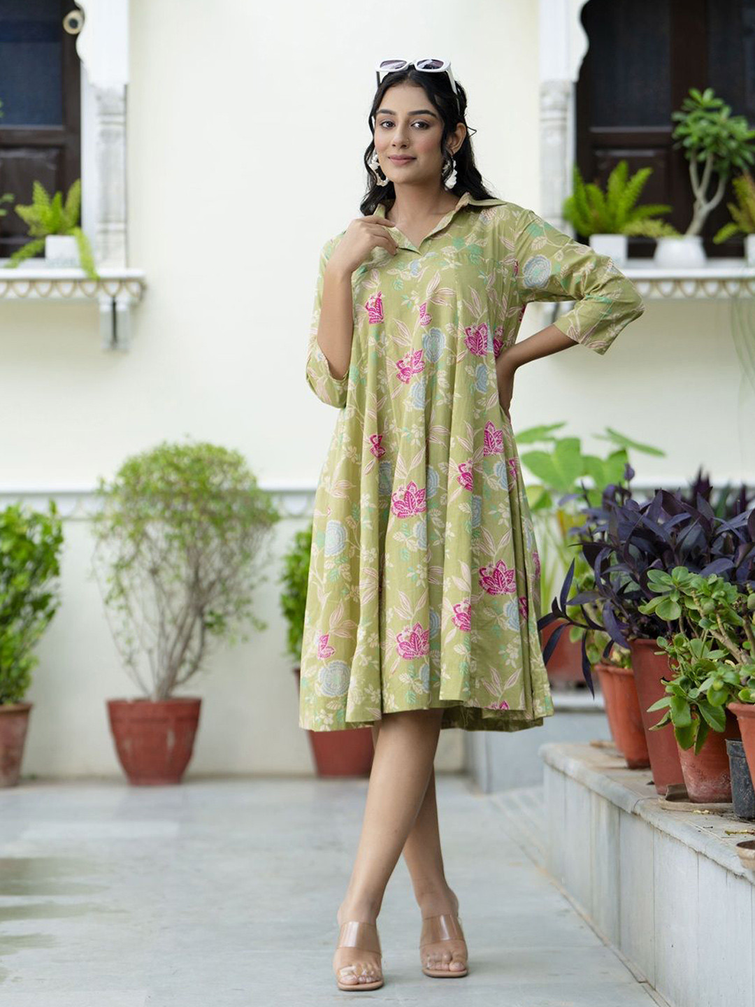 Demirner Women's Floral Print Fit & Flare Gathered Shirt Collar Dress