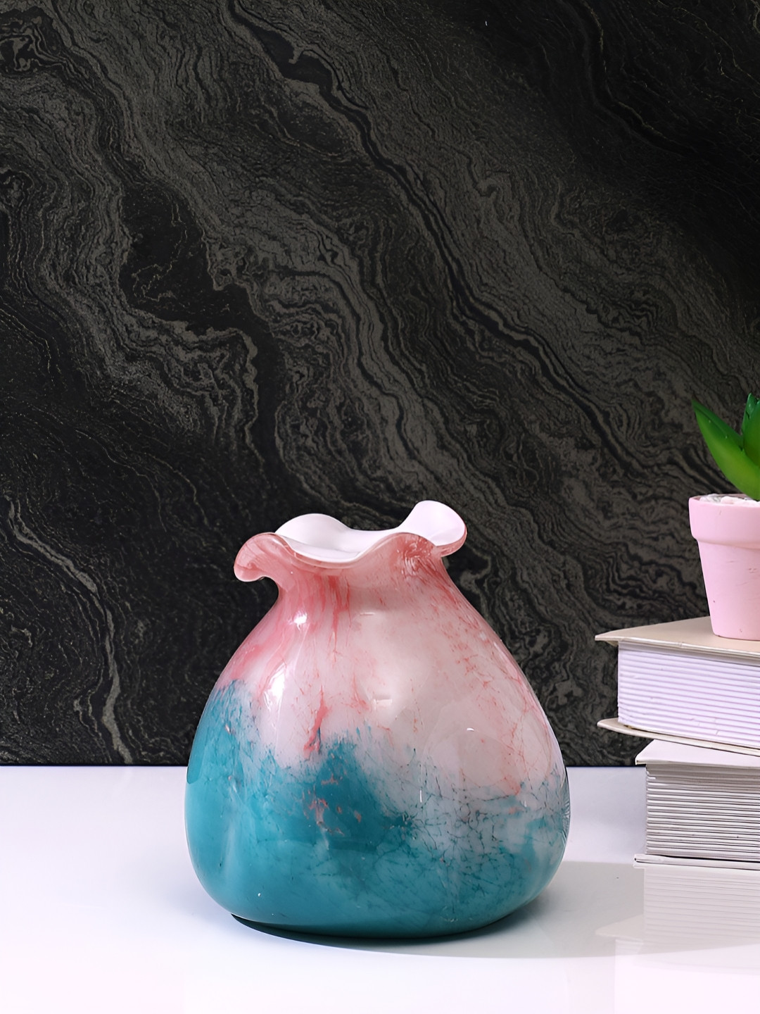 Myntra Elegant Homes Gradient Pink & Teal Printed Glass Flower Vase