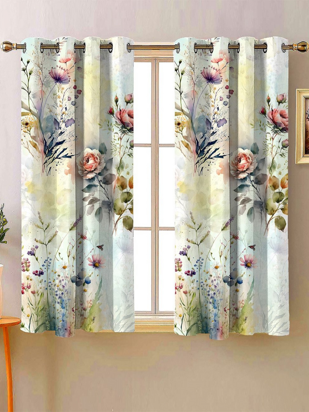 Steve & Anderson Bliss White And Green 2 Pieces Floral Printed Window Curtain (5 Feet)