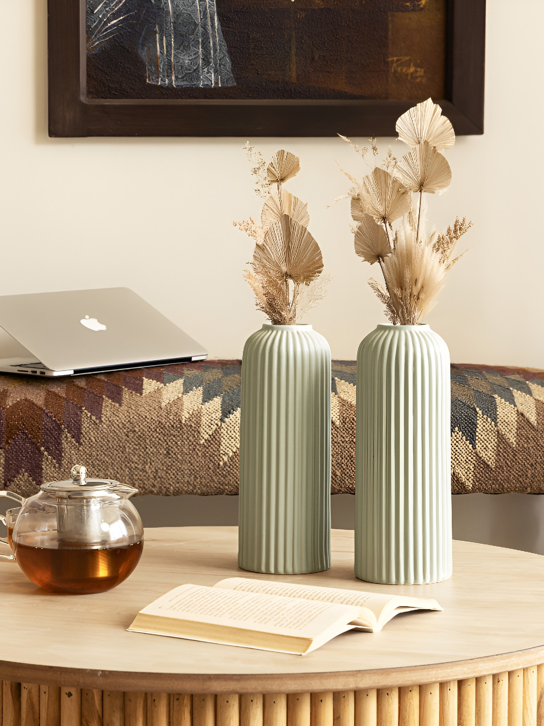 Claymistry Sea Green 2 Pieces Fluted Ceramic FlowerVase