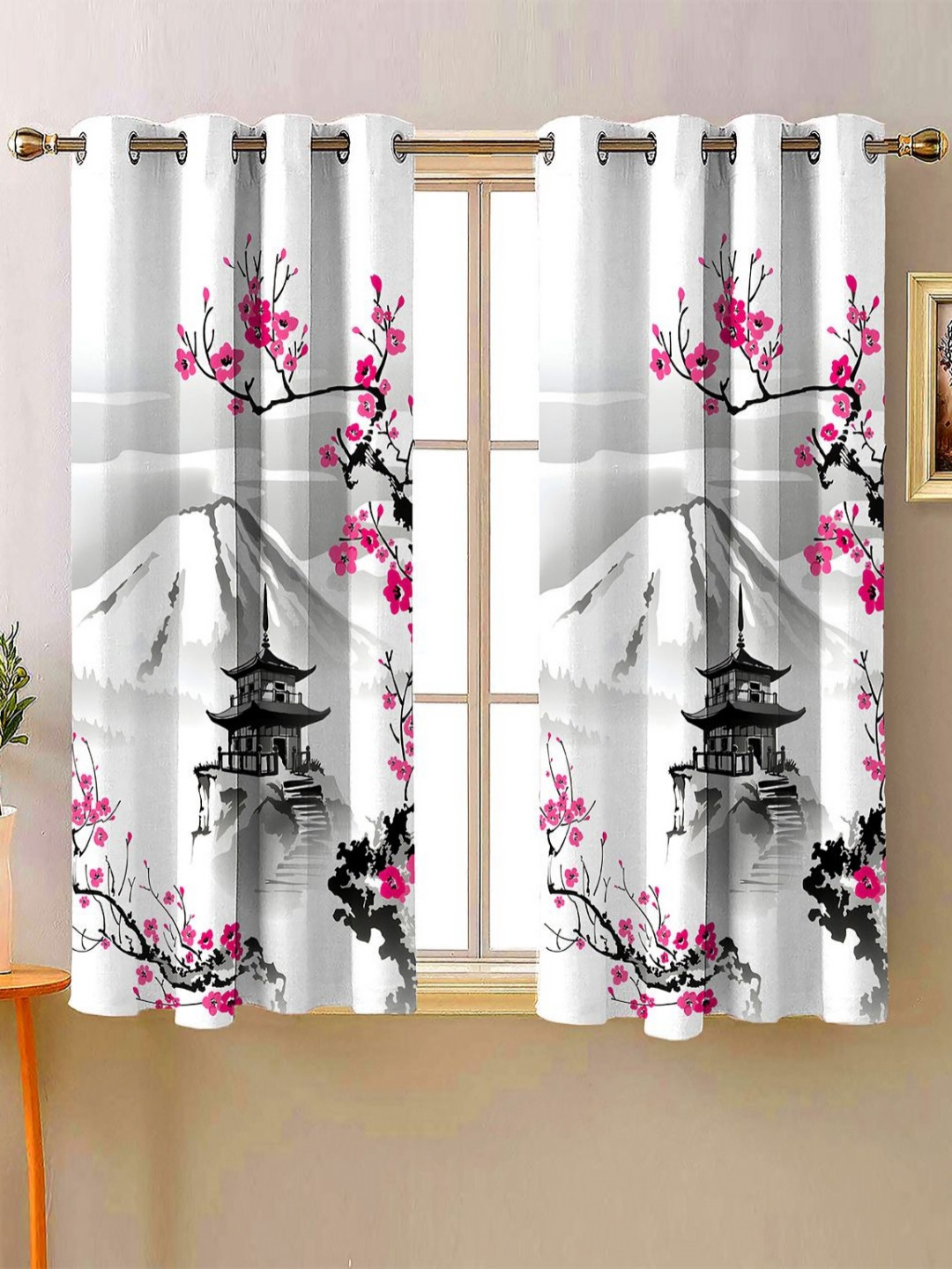 Steve & Anderson Aura White & Black 2 Pieces Floral Black Out Window Curtain (5 Feet)