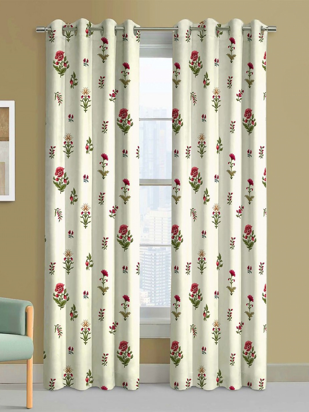 Steve & Anderson Bharat Motifs Rose And White 2 Peices Printed Long Door Curtains (9Feet)