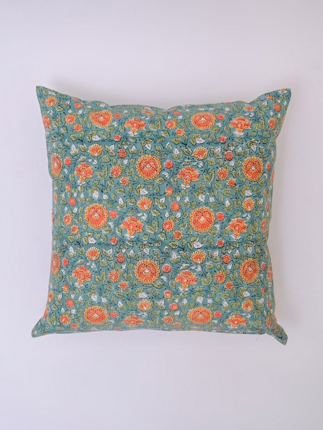 Block N Style Green Floral Cotton Washable Square Cushion Cover -20x20In