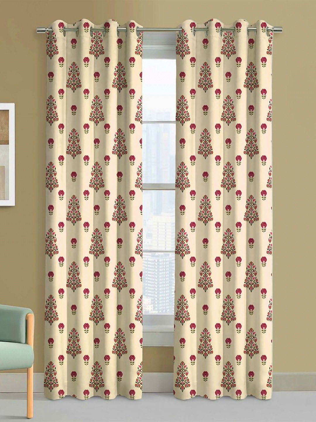 Steve & Anderson Indian Motifs Maroon And Cream 2 Peices Long Door Curtains (9Feet)