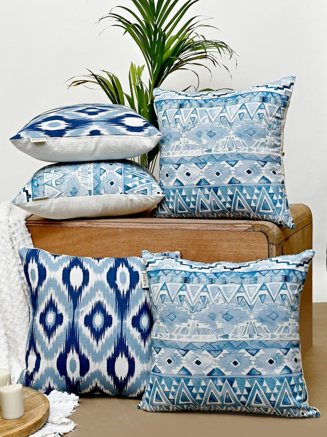 ANWYN Aztec Blue Ethnic Motifs Cotton 5 Pcs Patchwork Square Cushion Covers -15.7x15.7In