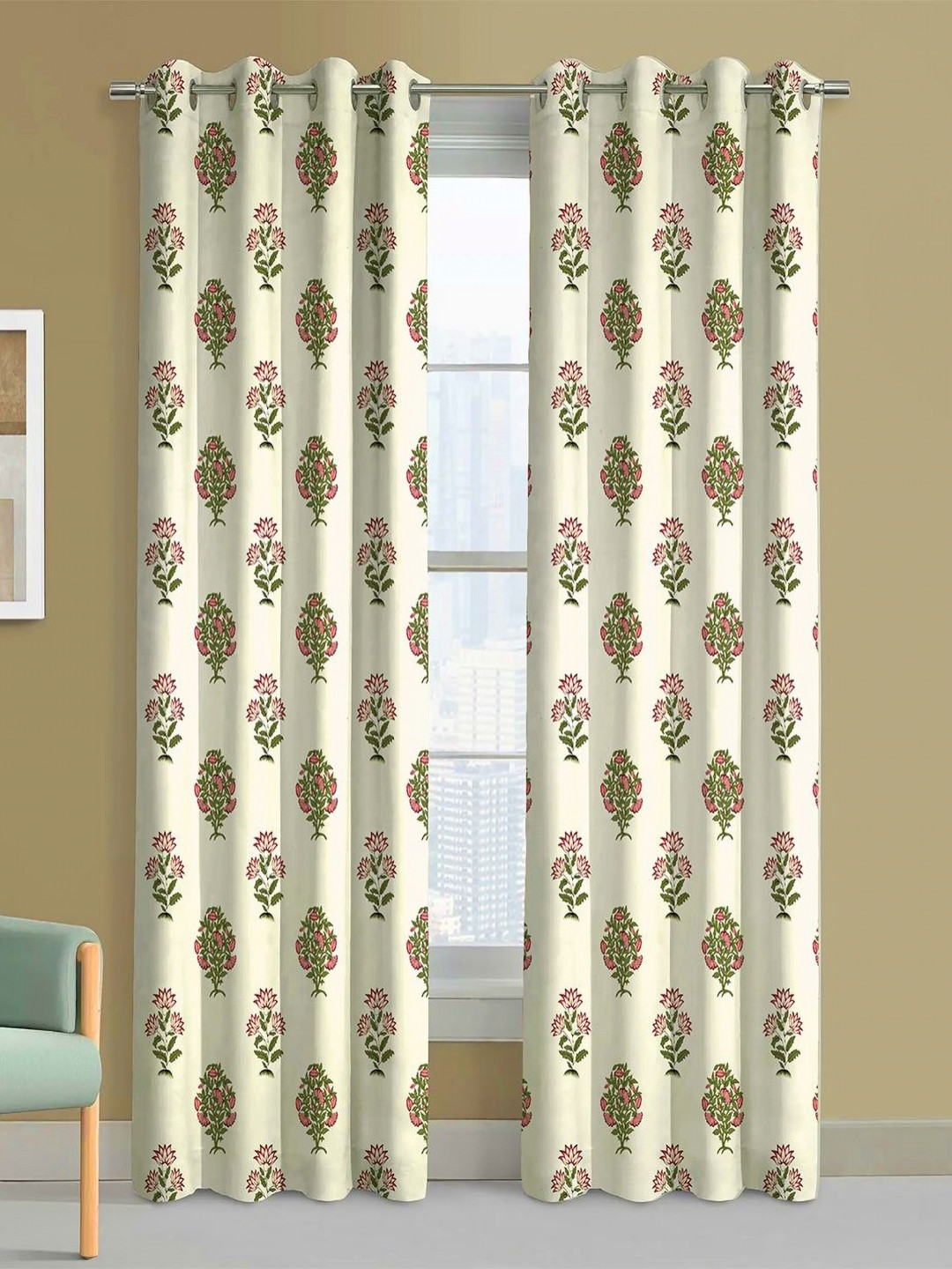 Steve & Anderson Bharat Motifs Green And White 2 Pieces Printed Long Door Curtain (9Feet)