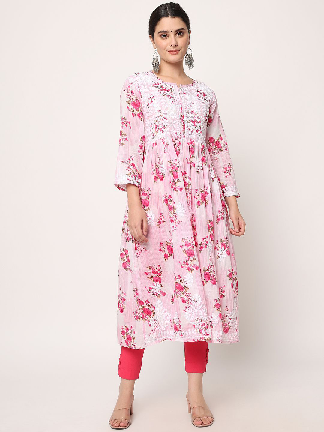 PARAMOUNT CHIKAN Floral Printed Lucknowi Chikankari Notch Neck A-Line Kurta